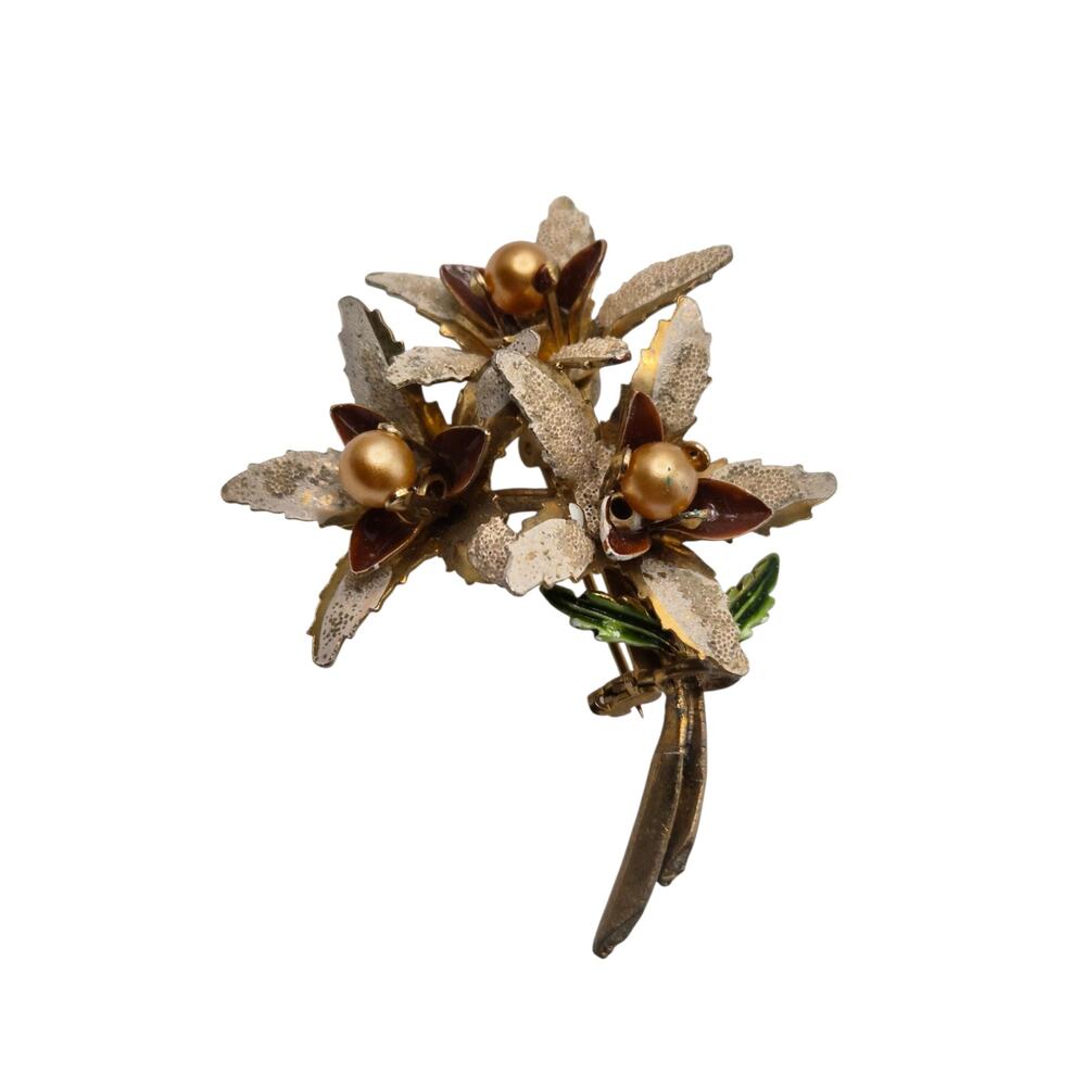 Vintage Faux Pearl Floral Brooch Gold Tone Enamel Flower Bouquet Pin